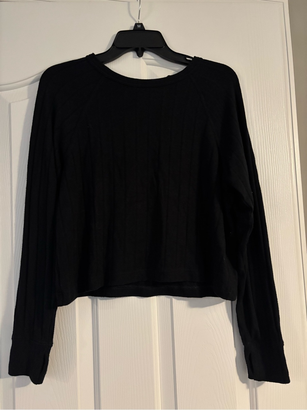 aerie Black Ribbed Long-Sleeve Cropped Top